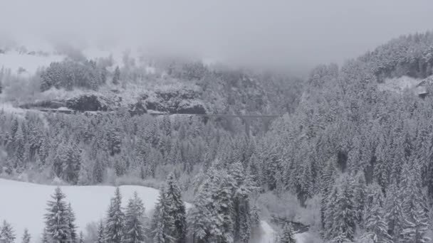 Vista aérea del viaducto de Landwasser con ferrocarril sin tren en invierno, hito de Suiza, nevando, dron vuela hacia adelante — Vídeos de Stock