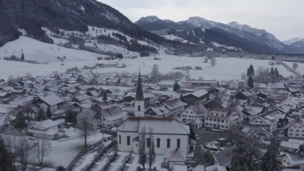 Vue aérienne de la petite ville allemande confortable au fond de la montagne au lever du soleil en saison hivernale, Halblech, Allemagne, Bavière, Les branches d'arbres sont couvertes de givre, temps ensoleillé — Video