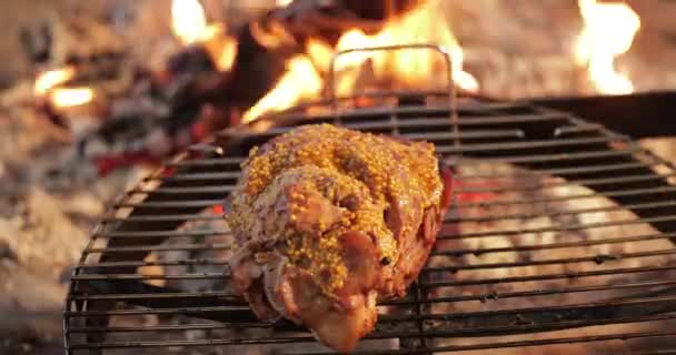 Den stora delen av det inlagda köttet ligger på en rund grill, nära stora nakna lågan, kött är inlagd med senap, rött kol, en rök, ved, händerna på kocken förbereda kol, ultra hd kvalitet, 4k video — Stockvideo