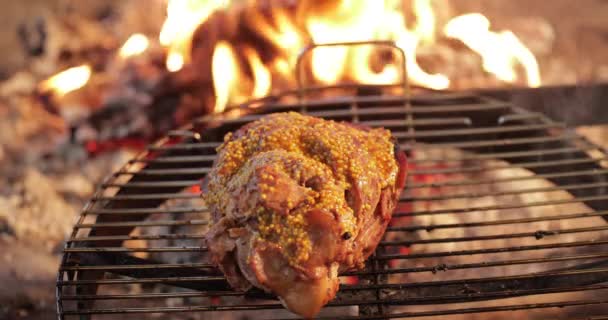 Le gros morceau de la viande marinée se trouve sur un gril rond, près de la grande flamme nue, la viande est marinée avec de la moutarde, des charbons rouges, une fumée, du bois de chauffage, les mains du cuisinier préparent du charbon, qualité ultra HD, vidéo 4k — Video