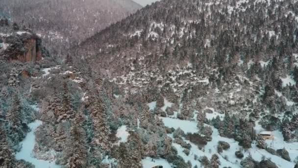 Flygfoto över en solnedgång över berget i Arahova, Grekland, en utsikt över dalen nedanför med träd täckta av snö, färger solnedgång — Stockvideo