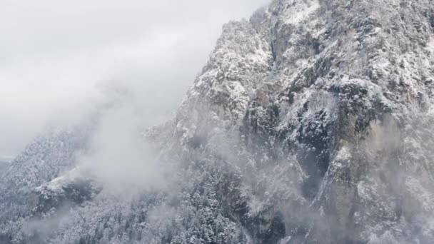 Vue aérienne de la montagne avec tour de démarcation, forêt sous le brouillard, pentes enneigées en Suisse, atmosphère nuageuse, belles conditions — Video