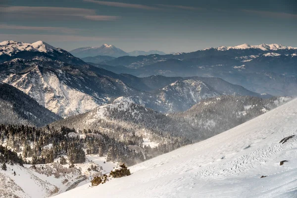 La famosa montagna innevata di Parnassos, Voiotia, Grecia, foresta sotto la nebbia, piste innevate, atmosfera nuvolosa, belle condizioni — Foto Stock