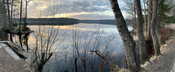 Kusten vid solnedgången, den pittoreska solnedgången, lugnt vatten, träd, moln lyses upp av solnedgången solen, Spekulärt reflektion i vatten — Stockfoto