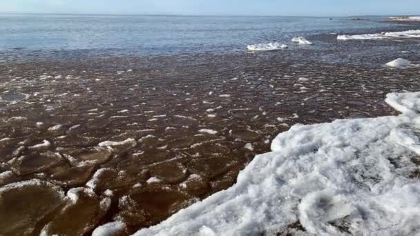 Kawałki lodu unoszą się na falach, Lodowe tablice, piaszczyste wybrzeże, kamienie, wiosenny krajobraz, słoneczna pogoda, pacyfikacja — Wideo stockowe