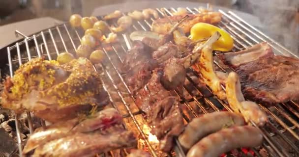 The meat is pickled on a lattice of grill, a ribs, a stake, a Sausages, a edges, a chicken, naked flame, a yellow sweet pepper, a smoke, firewood, steam, close up — Stock Video