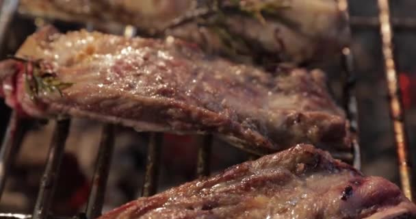 Mutton ribs with a branch of a thyme are fried on a grill, a smoke, firewood, steam, close up — Stock Video