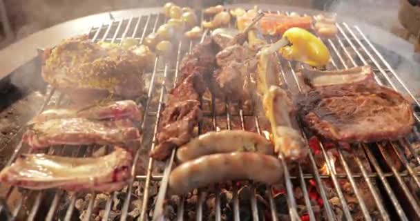 The meat is pickled on a lattice of grill, a ribs, a stake, a Sausages, a edges, a chicken, naked flame, a yellow sweet pepper, a smoke, firewood, steam, close up — Stock Video