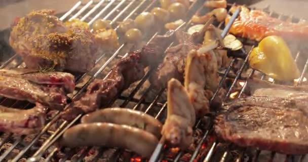 Het vlees wordt gepekeld op een rooster van grill, een ribbetje, een staak, een worst, een randen, een kip, een naakte vlam, een gele zoete peper, een rook, brandhout, stoom, close-up — Stockvideo