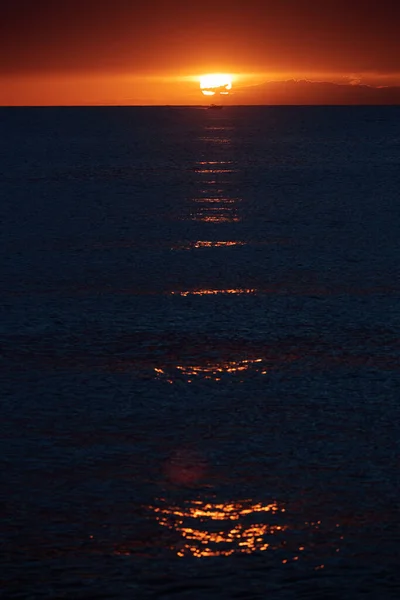劇的な日没、オレンジ色の空、静かな海、太陽の道、カモメ — ストック写真
