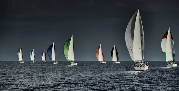 Veleros compiten en una regata de vela al atardecer, carrera de vela, reflejo de velas en el agua, spinaker multicolor, número de barcos a popa, grandes nubes blancas , — Foto de Stock