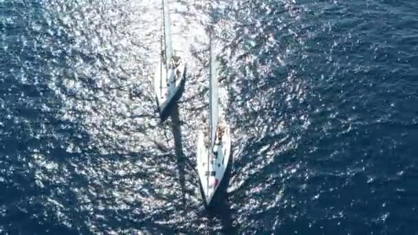 两只帆船紧紧相依，年轻人在游艇上玩乐，年轻人挂在船间的绳索上，在亚得里亚海，克罗地亚，背向岛屿，阳光映照在水面上，沉着冷静 — 图库视频影像