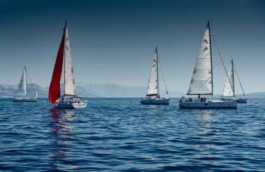 Hırvatistan, Adriyatik Denizi, 15 Eylül 2019: Yelkenli yarışı, bir yelkenli yarışı, su üzerindeki yelkenlerin yansıması, yoğun rekabet, parlak renkler, arka planda yel değirmenli ada