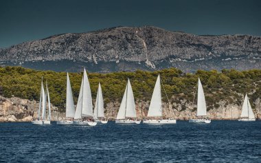 Yelkenli güzel deniz manzarası, ufuktaki yelkenli yarışı, bir yelkenli yarışı, yoğun bir rekabet, parlak renkler, arka planda yel değirmenleri olan bir ada.