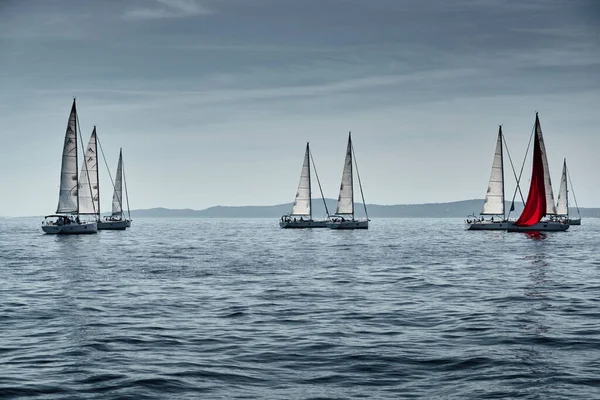 Croácia, Mar Adriático, 15 de setembro de 2019: A corrida de veleiros, uma regata, reflexo de velas na água, competição intensa, cores brilhantes, ilha com moinhos de vento estão no fundo — Fotografia de Stock