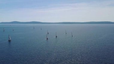Yat yarışının havadan çekimi, yelkenli yarışı, yoğun rekabet, bir sürü beyaz yelkenli, arka planda ada, en iyi seyahat noktası, Hırvatistan 'da tatil, cennet manzarası