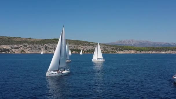 Chorvatsko, 15 Září 2019: Letecký záběr na závod jachet, plachtění regata, intenzivní konkurence, hodně bílých plachet, ostrov je na pozadí, top cestovní destinace, dovolená, idylická krajina — Stock video