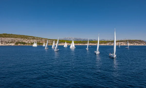 Luftaufnahme der Regatta, eine Segelregatta, intensive Konkurrenz, viele weiße Segel, Insel im Hintergrund, Top-Reiseziel, Urlaub in Kroatien, idyllische Landschaft — Stockfoto