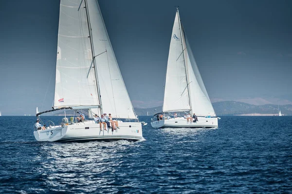 The race of sailboats, a sail regatta, reflection of sails on water, Intense competition, number of boat is on aft boats, Bright colors, island is on background — Stock Photo, Image