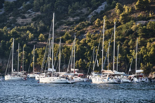 Es una gran cantidad de veleros en el puerto deportivo en Croacia al atardecer, Isla con árboles verdes están en el fondo, está cerca de la ciudad de Vis — Foto de Stock