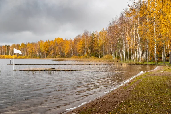 La jetée longue sur le lac, l'automne au lac Boroye, Valday parc national, Russie, vidéo ralenti, les arbres dorés sont sur un fond, lodges en bois, temps nuageux — Photo