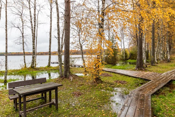 La jetée longue sur le lac, Terrasse au lac, L'automne au lac Boroye, Bateaux à une jetée, Parc national du Valday, Russie, image panoramique, arbres dorés, Lodges en bois, temps nuageux — Photo