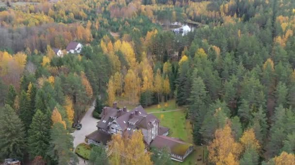 Punto de vista del dron de la zona rural en otoño con el lago Boroye, La gran casa de madera en el bosque, Muelles en el lago, Parque Nacional de Valday, Rusia, imagen panorámica, árboles de oro, logias de madera, tiempo nublado — Vídeos de Stock