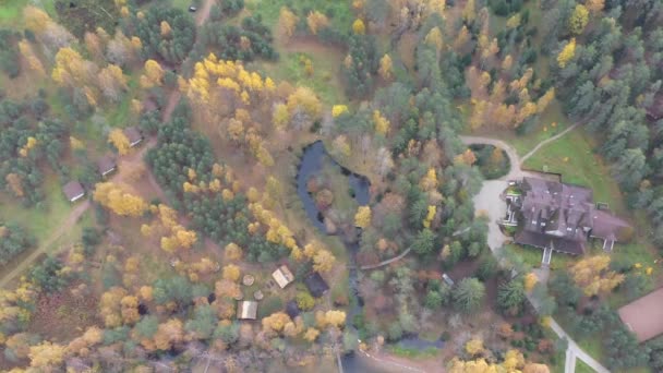 Punto de vista del dron de la zona rural en otoño con el lago Boroye, La gran casa de madera en el bosque, Muelles en el lago, Parque Nacional de Valday, Rusia, árboles de oro, logias de madera, estanques, tiempo nublado — Vídeos de Stock