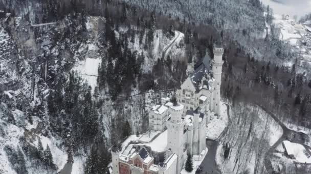 Veduta aerea del castello reale Neuschwanstein in Baviera, Germania, Deutschland. Il famoso segnaposto bavarese durante la giornata invernale, Immagine delle enormi dimensioni — Video Stock