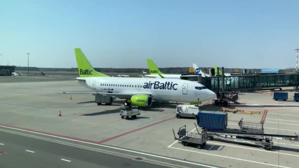 Letónia, Riga, 23 de abril de 2019: Vista da janela dos aviões em serviço e preparação para o voo no campo do aeroporto, Posto de gasolina, serviços de limpeza de aviões, tempo de primavera ensolarado — Vídeo de Stock