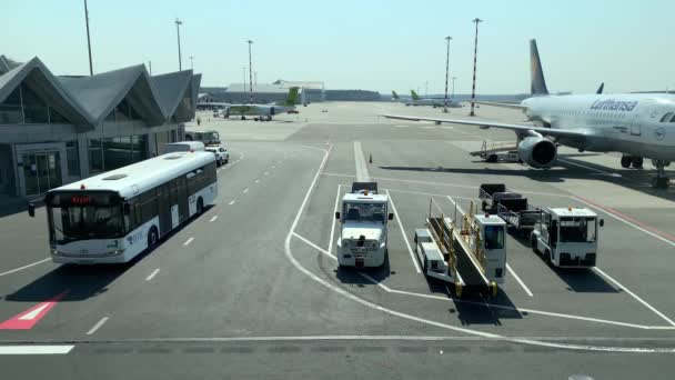 Latvia, Riga, 23 April 2019: View from window of planes on service and preparation for flight in the field of the airport, Gas station, cleaning plane services, sunny spring weather — Stock Video