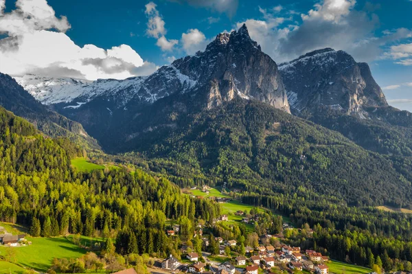 Aerial view of improbable peak of mountains of Dolomites at sunset, Italian Alps, Bolzano, drone view point — Stock Photo, Image
