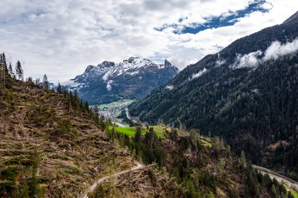 Veduta aerea della valle con verdi pendii dei monti d'Italia tempo nuvoloso, Trentino, Gli alberi abbattuti dal vento, enormi nuvole su una valle, prati verdi, Dolomiti sullo sfondo — Foto Stock