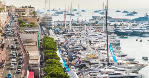 Monaco, Monte-Carlo, 28.09.2017: Time-lapse of biggest exhibition yacht show at morning, Traffic on water, MYS, tenders, megayacht, exhibiters, brokers megkers megayacht — стокове відео