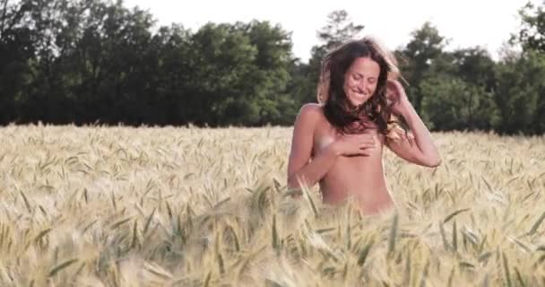 France, Provence, The beautiful young girl dances in the field of wheat at at sunset, swings a white t-shirt, happy girl with long hair, green trees on background — стоковое видео