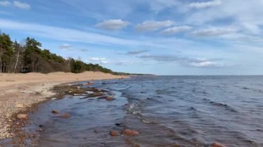 Bahar zamanı Bitiş Körfezi 'nin kumlu kıyıları, buzsuz sakin su, ufuk, bahar manzarası, sığ, güneşli hava, barış, insan yok.