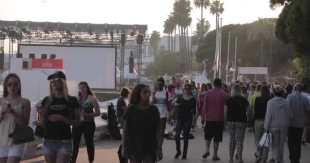 França, Cannes, 27 de maio de 2017: Ruas de Cannes no cinema Festival de Cannes, galhos palmeiras ao pôr do sol, diques, senhoras e senhores vestidos de noite, cafés lotados, entretenimentos — Vídeo de Stock