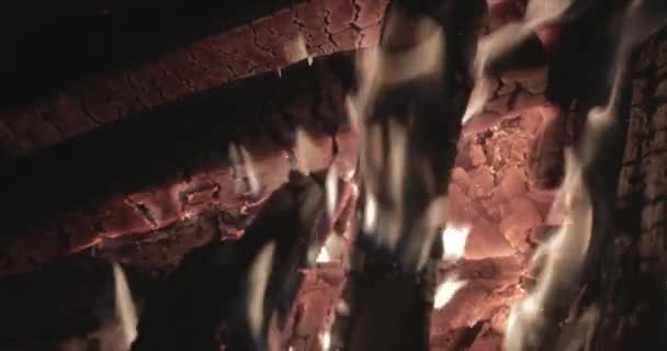 O grande fogo com lenha em uma lareira, queima de fogueira, paredes de tijolo de uma lareira, Loja de lenha, faíscas, chamas do fogo, é um monte de carvão de madeira vermelho, vapor e fumaça, close-up — Vídeo de Stock