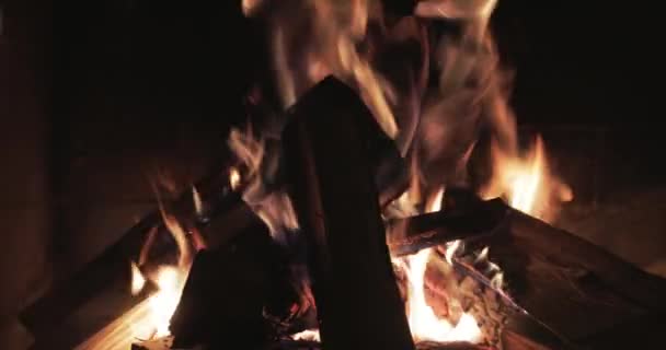 O grande fogo com lenha em uma lareira, queima de fogueira, paredes de tijolo de uma lareira, Loja de lenha, faíscas, chamas do fogo, é um monte de carvão de madeira vermelho, vapor e fumaça, close-up — Vídeo de Stock