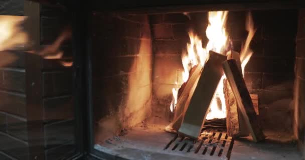 Η μεγάλη φωτιά με καυσόξυλα σε ένα τζάκι, καύση της φωτιάς, τούβλο τοίχους ενός τζακιού, Πυροσβεστική καταθέσει, σπινθήρες, φλόγες της φωτιάς, είναι πολλά κόκκινα ξύλινα κάρβουνα, ατμού και καπνού, κοντά — Αρχείο Βίντεο