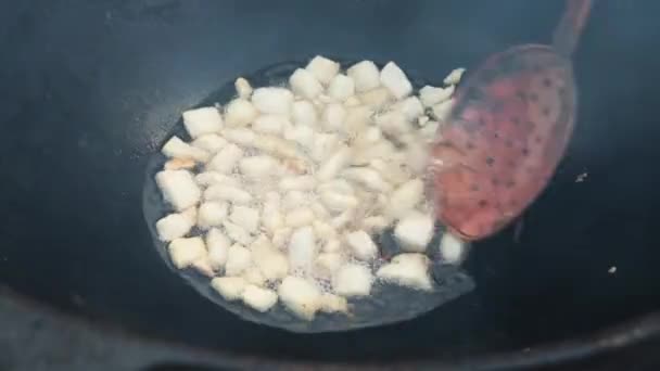 El tostado de la grasa de cordero hasta el estado de las galletas, alguna etapa de la preparación del plato nacional uzbeko pilaf, la pala para la comida, el caldero, el fuego, la leña, el aire libre — Vídeo de stock