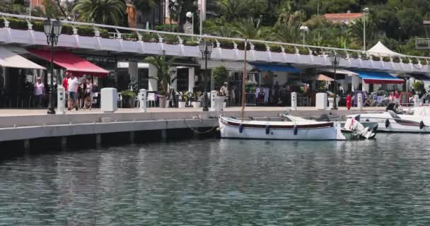 Francia, Beaulieu, 29 maggio 2017: Port Saint-Jean-Cap-Ferrat, il famoso lungomare con negozi e ristorante, un sacco di turisti, ville, alberghi e montagne sono sullo sfondo, piccole barche — Video Stock