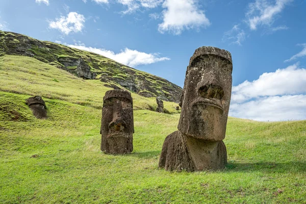 Moai Situado Encosta Cratera Vulcânica Chamada Rano Raraku Ilha Páscoa — Fotografia de Stock