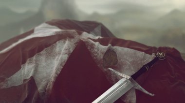 Misafirperver şövalyeler bayrak. Malta, eski yırtık bayrak ve kılıç Haçlı Seferi 'ni emreder. 3d illüstrasyon