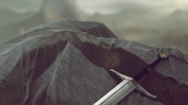 Tötonik düzen şövalyeleri bayrağı. Templar Haçlı Seferi eski yırtık bayrak ve kılıç. 3d illüstrasyon