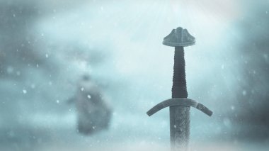 Kelt desenli eski demir Viking kılıcı. Soğuk kış arka planı. 3d illüstrasyon