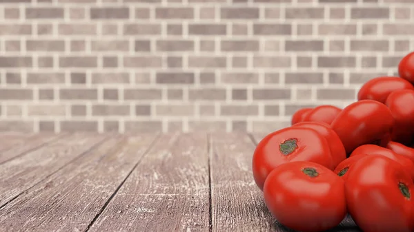 Délicieuses Tomates Fraîches Sur Une Table Bois Fond Mural Brique — Photo