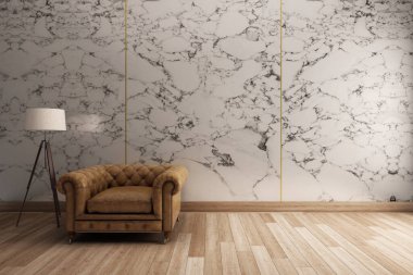 Beyaz mermer duvarlı klasik koltuk ve tahta zemin. 3d illüstrasyon