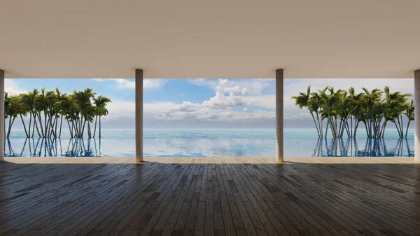 Sea view of swimming pool deck with plam tree & sunlight. 3D illustration