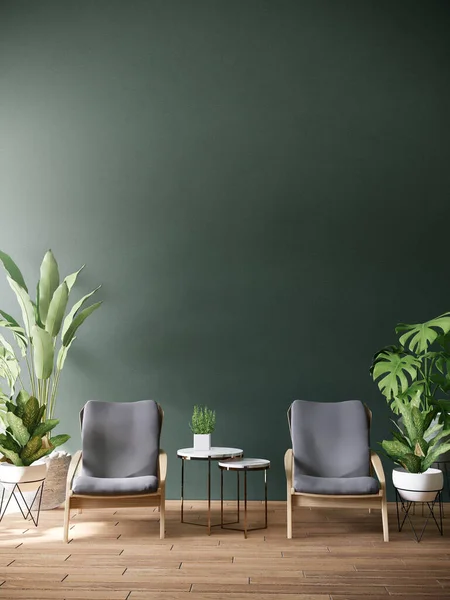 Fauteuil Couple Dans Salon Mur Vert Décorer Avec Des Plantes Images De Stock Libres De Droits